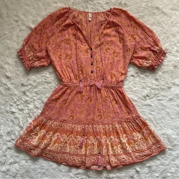 Spell & The Gypsy Dress Sundown Playdress in Apricot Mini Floral Orange Pink S